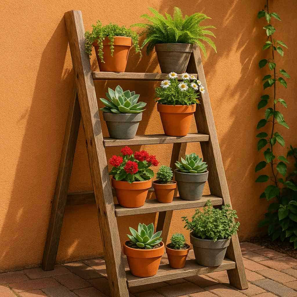 Escada de madeira como suporte de plantas